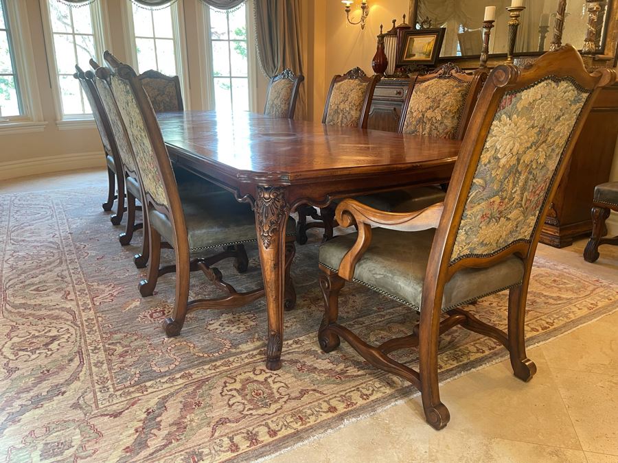 Stunning Henredon Furniture Formal Wooden Parquetry Dining Table With Ten Henredon Formal Dining Chairs 90'L (W/O Leaves) X 52'W - Comes With Two 22' Leaves - Total Length With Leaves 11' 2' [Photo 42]