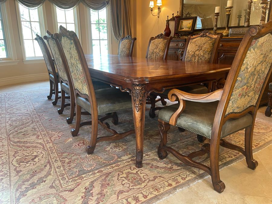 Stunning Henredon Furniture Formal Wooden Parquetry Dining Table With Ten Henredon Formal Dining Chairs 90'L (W/O Leaves) X 52'W - Comes With Two 22' Leaves - Total Length With Leaves 11' 2' [Photo 40]