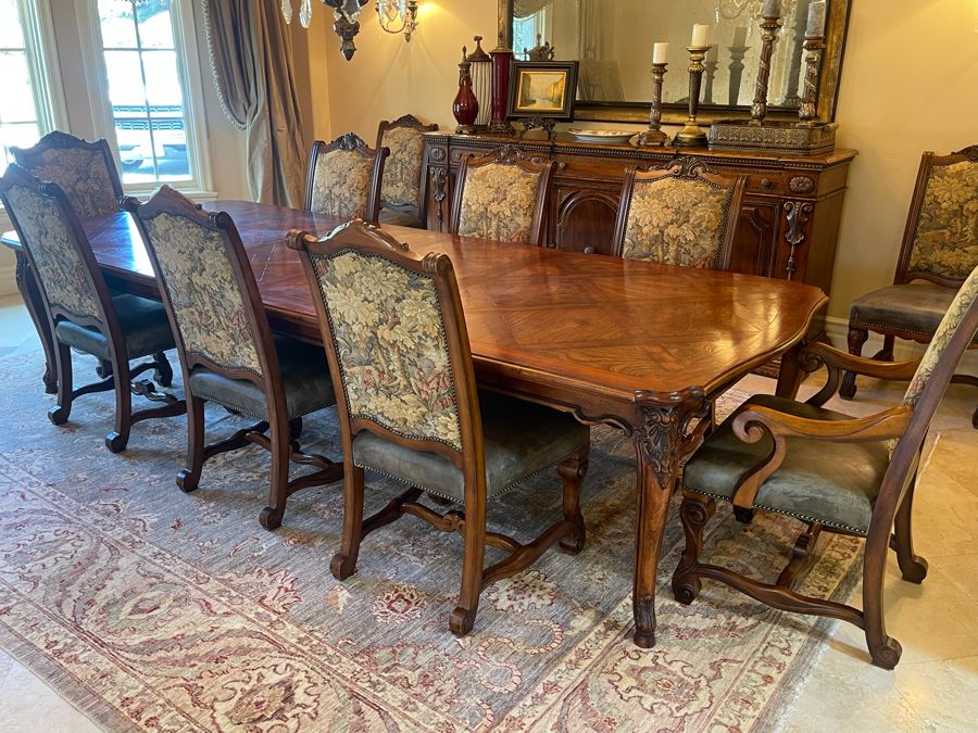 Stunning Henredon Furniture Formal Wooden Parquetry Dining Table With Ten Henredon Formal Dining Chairs 90'L (W/O Leaves) X 52'W - Comes With Two 22' Leaves - Total Length With Leaves 11' 2'