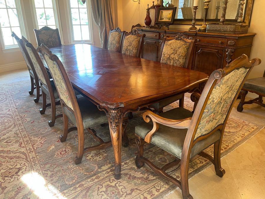 Stunning Henredon Furniture Formal Wooden Parquetry Dining Table With Ten Henredon Formal Dining Chairs 90'L (W/O Leaves) X 52'W - Comes With Two 22' Leaves - Total Length With Leaves 11' 2' [Photo 30]
