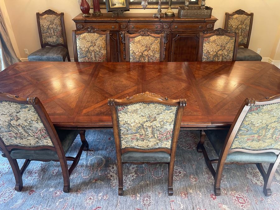 Stunning Henredon Furniture Formal Wooden Parquetry Dining Table With Ten Henredon Formal Dining Chairs 90'L (W/O Leaves) X 52'W - Comes With Two 22' Leaves - Total Length With Leaves 11' 2' [Photo 24]