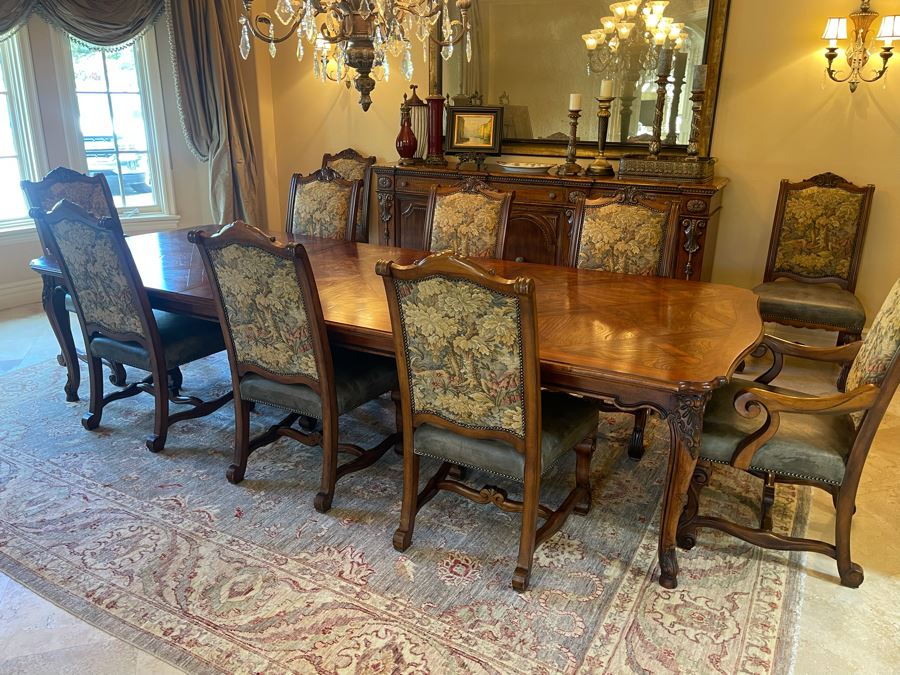 Stunning Henredon Furniture Formal Wooden Parquetry Dining Table With Ten Henredon Formal Dining Chairs 90'L (W/O Leaves) X 52'W - Comes With Two 22' Leaves - Total Length With Leaves 11' 2' [Photo 8]
