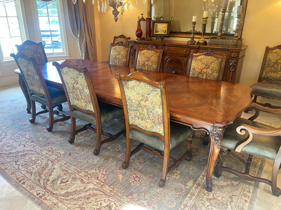 Stunning Henredon Furniture Formal Wooden Parquetry Dining Table With Ten Henredon Formal Dining Chairs 90'L (W/O Leaves) X 52'W - Comes With Two 22' Leaves - Total Length With Leaves 11' 2' [Photo 33]