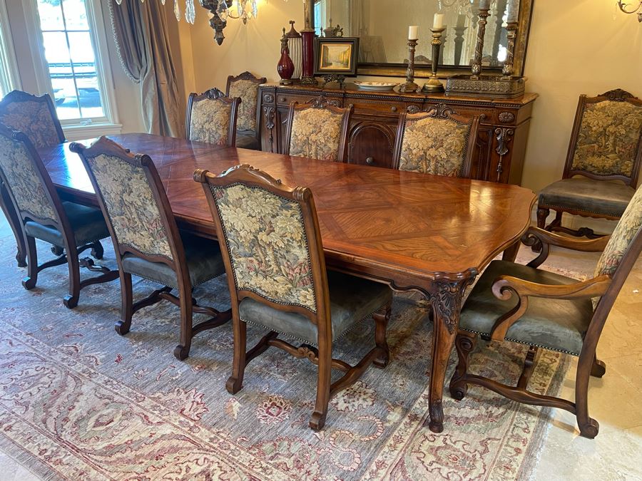 Stunning Henredon Furniture Formal Wooden Parquetry Dining Table With Ten Henredon Formal Dining Chairs 90'L (W/O Leaves) X 52'W - Comes With Two 22' Leaves - Total Length With Leaves 11' 2' [Photo 5]