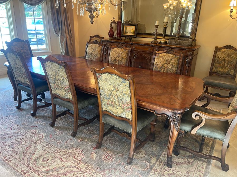 Stunning Henredon Furniture Formal Wooden Parquetry Dining Table With Ten Henredon Formal Dining Chairs 90'L (W/O Leaves) X 52'W - Comes With Two 22' Leaves - Total Length With Leaves 11' 2' [Photo 32]