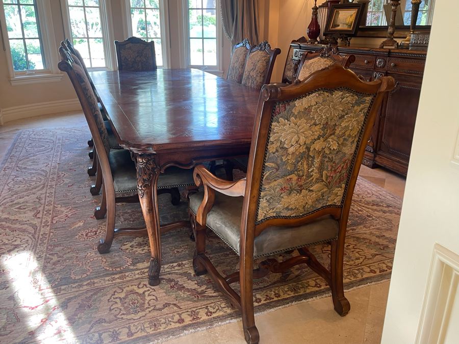 Stunning Henredon Furniture Formal Wooden Parquetry Dining Table With Ten Henredon Formal Dining Chairs 90'L (W/O Leaves) X 52'W - Comes With Two 22' Leaves - Total Length With Leaves 11' 2' [Photo 20]