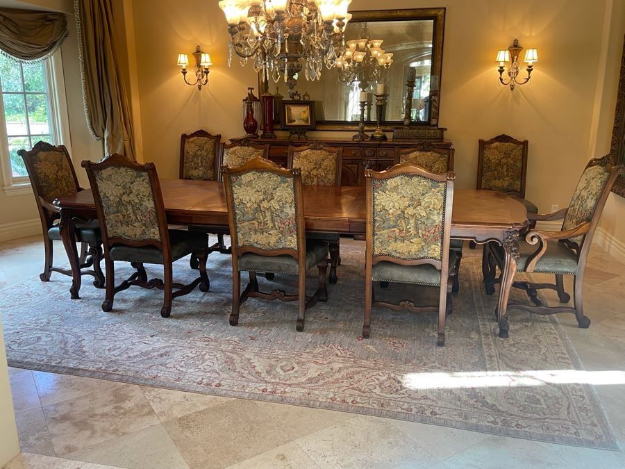 Stunning Henredon Furniture Formal Wooden Parquetry Dining Table With Ten Henredon Formal Dining Chairs 90'L (W/O Leaves) X 52'W - Comes With Two 22' Leaves - Total Length With Leaves 11' 2' [Photo 17]