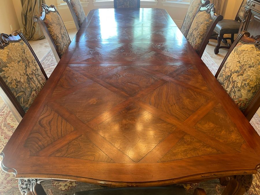 Stunning Henredon Furniture Formal Wooden Parquetry Dining Table With Ten Henredon Formal Dining Chairs 90'L (W/O Leaves) X 52'W - Comes With Two 22' Leaves - Total Length With Leaves 11' 2' [Photo 11]