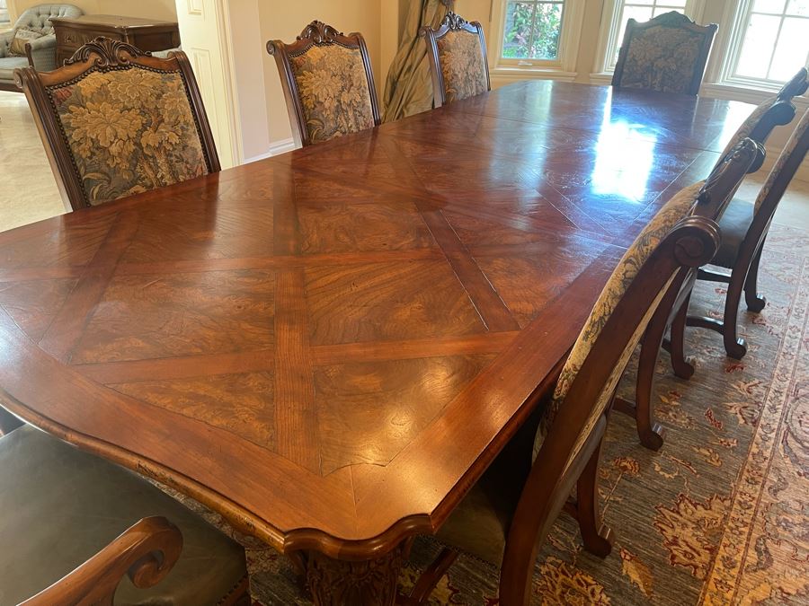 Stunning Henredon Furniture Formal Wooden Parquetry Dining Table With Ten Henredon Formal Dining Chairs 90'L (W/O Leaves) X 52'W - Comes With Two 22' Leaves - Total Length With Leaves 11' 2' [Photo 27]