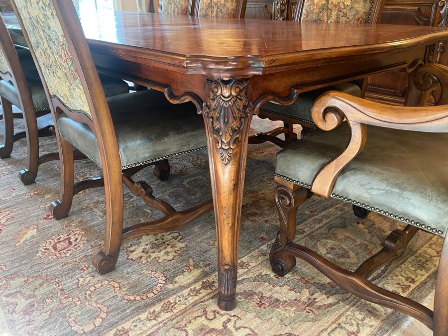 Stunning Henredon Furniture Formal Wooden Parquetry Dining Table With Ten Henredon Formal Dining Chairs 90'L (W/O Leaves) X 52'W - Comes With Two 22' Leaves - Total Length With Leaves 11' 2' [Photo 18]