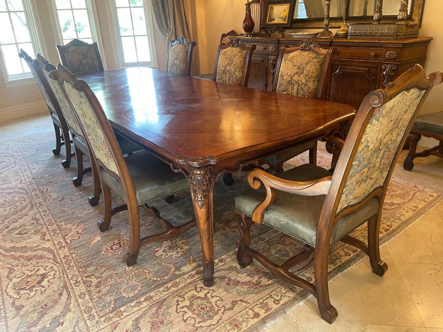Stunning Henredon Furniture Formal Wooden Parquetry Dining Table With Ten Henredon Formal Dining Chairs 90'L (W/O Leaves) X 52'W - Comes With Two 22' Leaves - Total Length With Leaves 11' 2' [Photo 45]