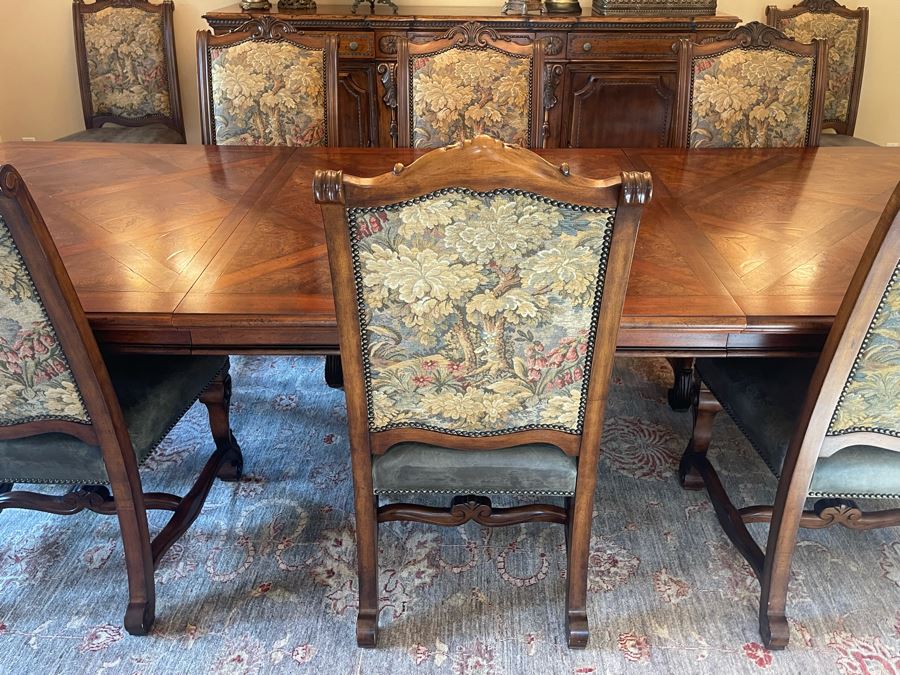 Stunning Henredon Furniture Formal Wooden Parquetry Dining Table With Ten Henredon Formal Dining Chairs 90'L (W/O Leaves) X 52'W - Comes With Two 22' Leaves - Total Length With Leaves 11' 2' [Photo 21]