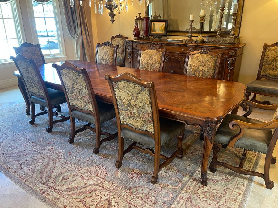 Stunning Henredon Furniture Formal Wooden Parquetry Dining Table With Ten Henredon Formal Dining Chairs 90'L (W/O Leaves) X 52'W - Comes With Two 22' Leaves - Total Length With Leaves 11' 2' [Photo 6]