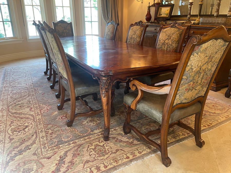 Stunning Henredon Furniture Formal Wooden Parquetry Dining Table With Ten Henredon Formal Dining Chairs 90'L (W/O Leaves) X 52'W - Comes With Two 22' Leaves - Total Length With Leaves 11' 2' [Photo 43]