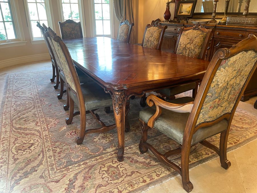 Stunning Henredon Furniture Formal Wooden Parquetry Dining Table With Ten Henredon Formal Dining Chairs 90'L (W/O Leaves) X 52'W - Comes With Two 22' Leaves - Total Length With Leaves 11' 2' [Photo 44]