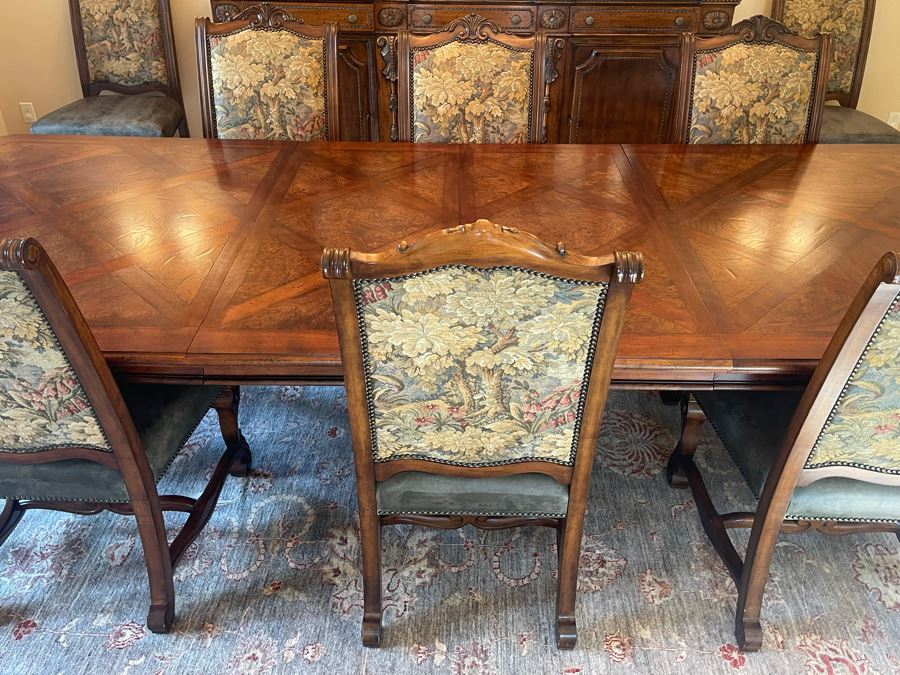 Stunning Henredon Furniture Formal Wooden Parquetry Dining Table With Ten Henredon Formal Dining Chairs 90'L (W/O Leaves) X 52'W - Comes With Two 22' Leaves - Total Length With Leaves 11' 2' [Photo 22]