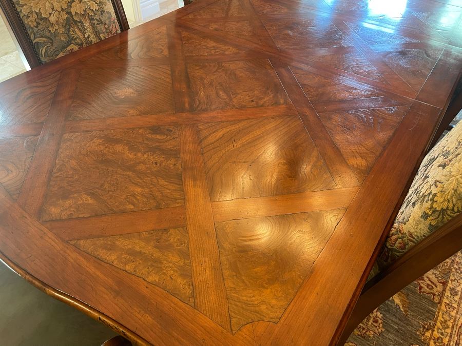 Stunning Henredon Furniture Formal Wooden Parquetry Dining Table With Ten Henredon Formal Dining Chairs 90'L (W/O Leaves) X 52'W - Comes With Two 22' Leaves - Total Length With Leaves 11' 2' [Photo 28]