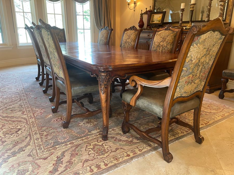 Stunning Henredon Furniture Formal Wooden Parquetry Dining Table With Ten Henredon Formal Dining Chairs 90'L (W/O Leaves) X 52'W - Comes With Two 22' Leaves - Total Length With Leaves 11' 2' [Photo 41]