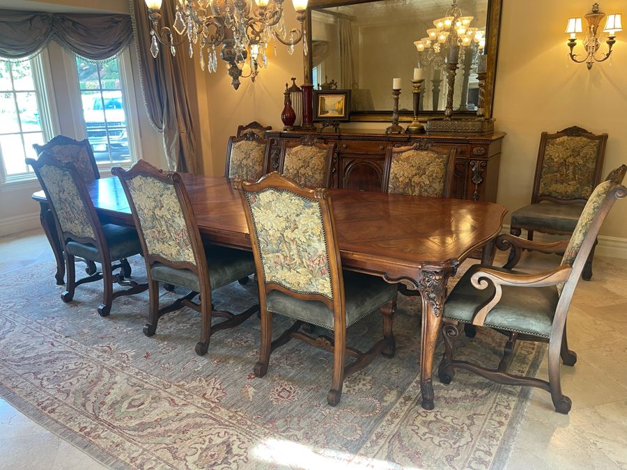 Stunning Henredon Furniture Formal Wooden Parquetry Dining Table With Ten Henredon Formal Dining Chairs 90'L (W/O Leaves) X 52'W - Comes With Two 22' Leaves - Total Length With Leaves 11' 2' [Photo 34]