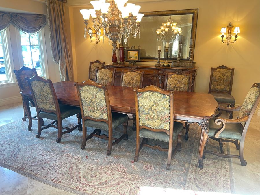 Stunning Henredon Furniture Formal Wooden Parquetry Dining Table With Ten Henredon Formal Dining Chairs 90'L (W/O Leaves) X 52'W - Comes With Two 22' Leaves - Total Length With Leaves 11' 2' [Photo 9]
