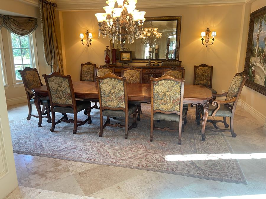 Stunning Henredon Furniture Formal Wooden Parquetry Dining Table With Ten Henredon Formal Dining Chairs 90'L (W/O Leaves) X 52'W - Comes With Two 22' Leaves - Total Length With Leaves 11' 2' [Photo 16]