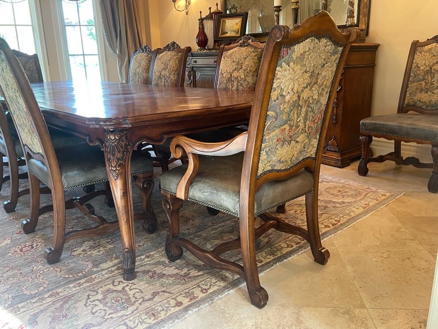 Stunning Henredon Furniture Formal Wooden Parquetry Dining Table With Ten Henredon Formal Dining Chairs 90'L (W/O Leaves) X 52'W - Comes With Two 22' Leaves - Total Length With Leaves 11' 2' [Photo 19]