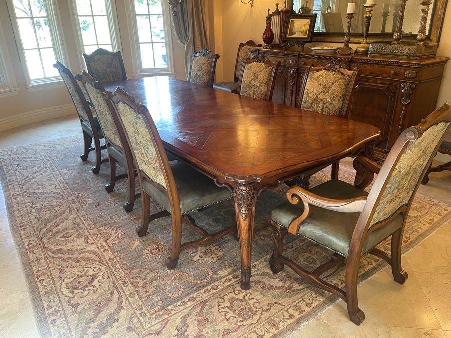 Stunning Henredon Furniture Formal Wooden Parquetry Dining Table With Ten Henredon Formal Dining Chairs 90'L (W/O Leaves) X 52'W - Comes With Two 22' Leaves - Total Length With Leaves 11' 2' [Photo 39]