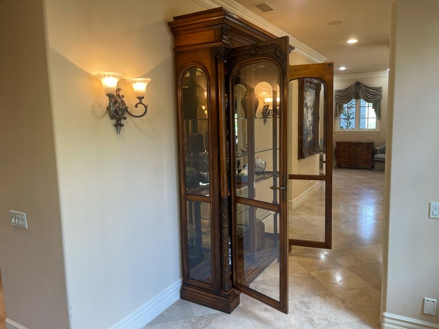Exquisite Tall Carved Wooden Curio Display Cabinet With Overhead Lighting And Glass Front And Sides 5'4'W X 22'D X 8'8'H [Photo 19]