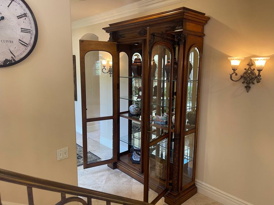 Exquisite Tall Carved Wooden Curio Display Cabinet With Overhead ...