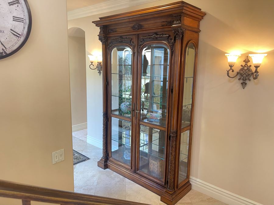 Exquisite Tall Carved Wooden Curio Display Cabinet With Overhead Lighting And Glass Front And Sides 5'4'W X 22'D X 8'8'H