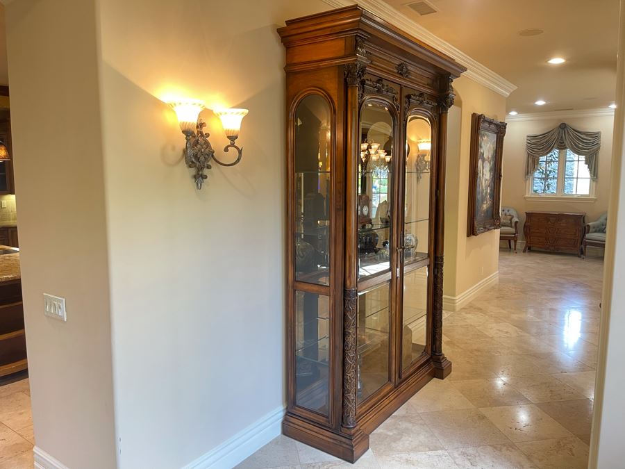 Exquisite Tall Carved Wooden Curio Display Cabinet With Overhead Lighting And Glass Front And Sides 5'4'W X 22'D X 8'8'H [Photo 7]