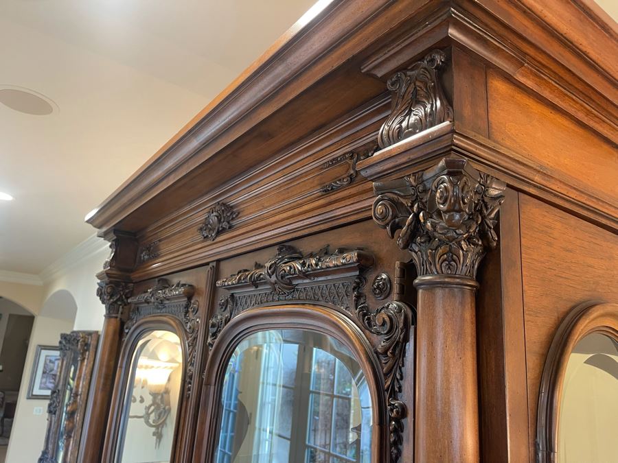 Exquisite Tall Carved Wooden Curio Display Cabinet With Overhead Lighting And Glass Front And Sides 5'4'W X 22'D X 8'8'H [Photo 12]