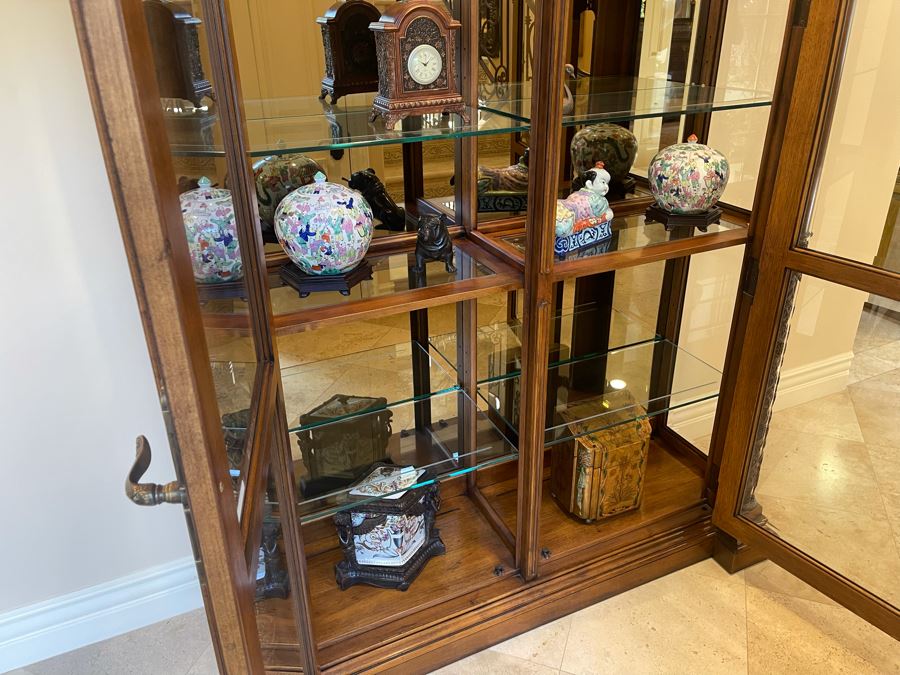 Exquisite Tall Carved Wooden Curio Display Cabinet With Overhead Lighting And Glass Front And Sides 5'4'W X 22'D X 8'8'H [Photo 22]