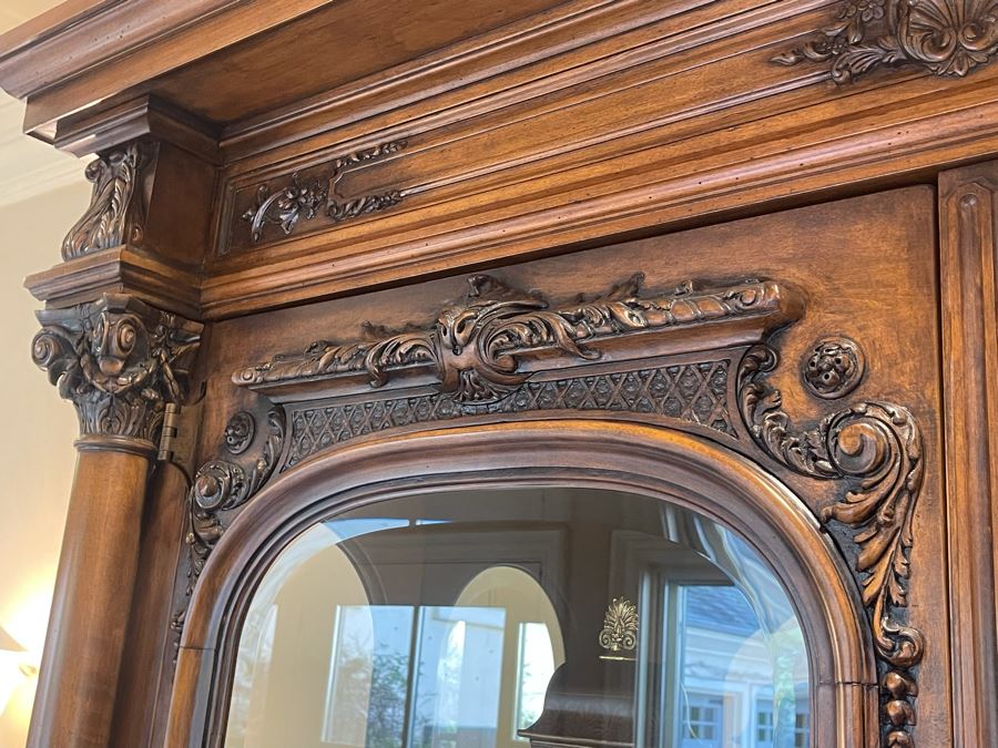 Exquisite Tall Carved Wooden Curio Display Cabinet With Overhead Lighting And Glass Front And Sides 5'4'W X 22'D X 8'8'H [Photo 14]
