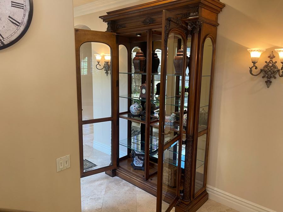 Exquisite Tall Carved Wooden Curio Display Cabinet With Overhead Lighting And Glass Front And Sides 5'4'W X 22'D X 8'8'H [Photo 2]