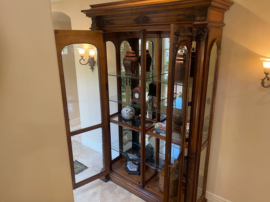 Exquisite Tall Carved Wooden Curio Display Cabinet With Overhead Lighting And Glass Front And Sides 5'4'W X 22'D X 8'8'H [Photo 16]