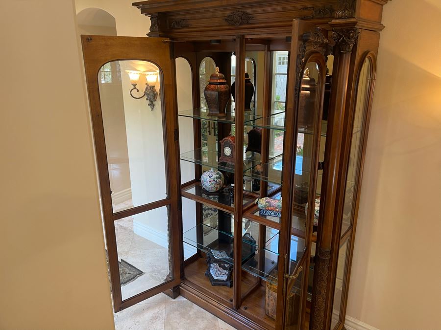 Exquisite Tall Carved Wooden Curio Display Cabinet With Overhead ...