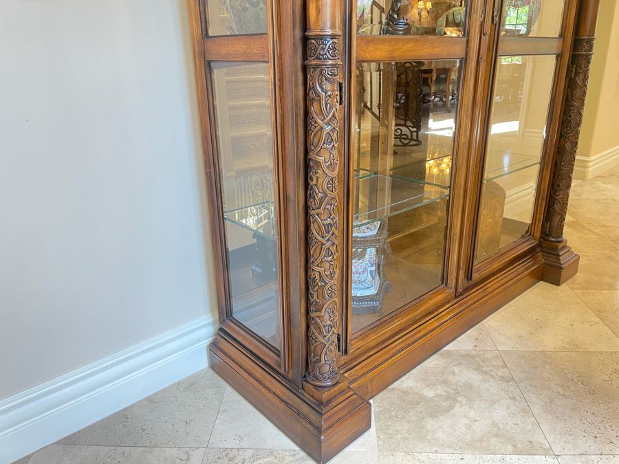 Exquisite Tall Carved Wooden Curio Display Cabinet With Overhead Lighting And Glass Front And Sides 5'4'W X 22'D X 8'8'H [Photo 8]