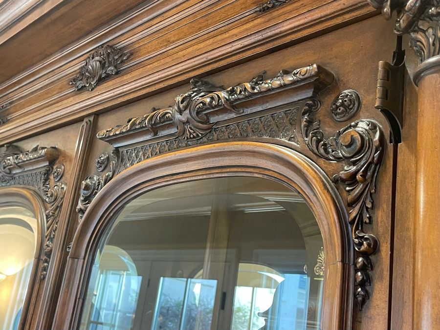 Exquisite Tall Carved Wooden Curio Display Cabinet With Overhead Lighting And Glass Front And Sides 5'4'W X 22'D X 8'8'H [Photo 13]