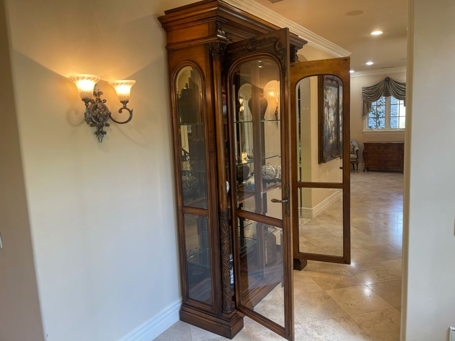 Exquisite Tall Carved Wooden Curio Display Cabinet With Overhead Lighting And Glass Front And Sides 5'4'W X 22'D X 8'8'H [Photo 18]