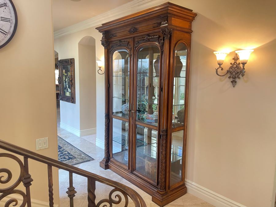 Exquisite Tall Carved Wooden Curio Display Cabinet With Overhead Lighting And Glass Front And Sides 5'4'W X 22'D X 8'8'H [Photo 4]