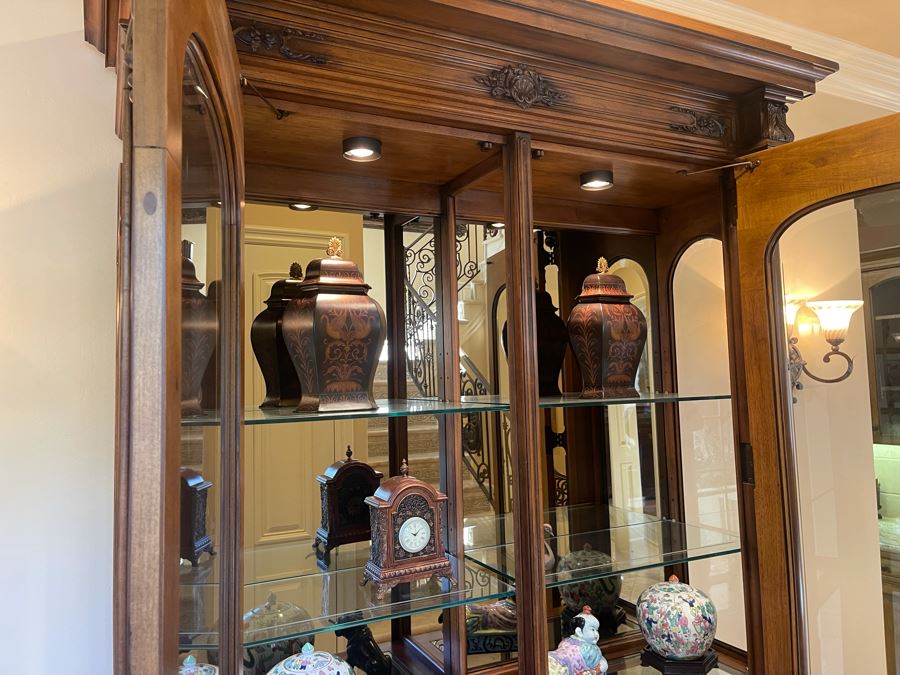 Exquisite Tall Carved Wooden Curio Display Cabinet With Overhead Lighting And Glass Front And Sides 5'4'W X 22'D X 8'8'H [Photo 21]