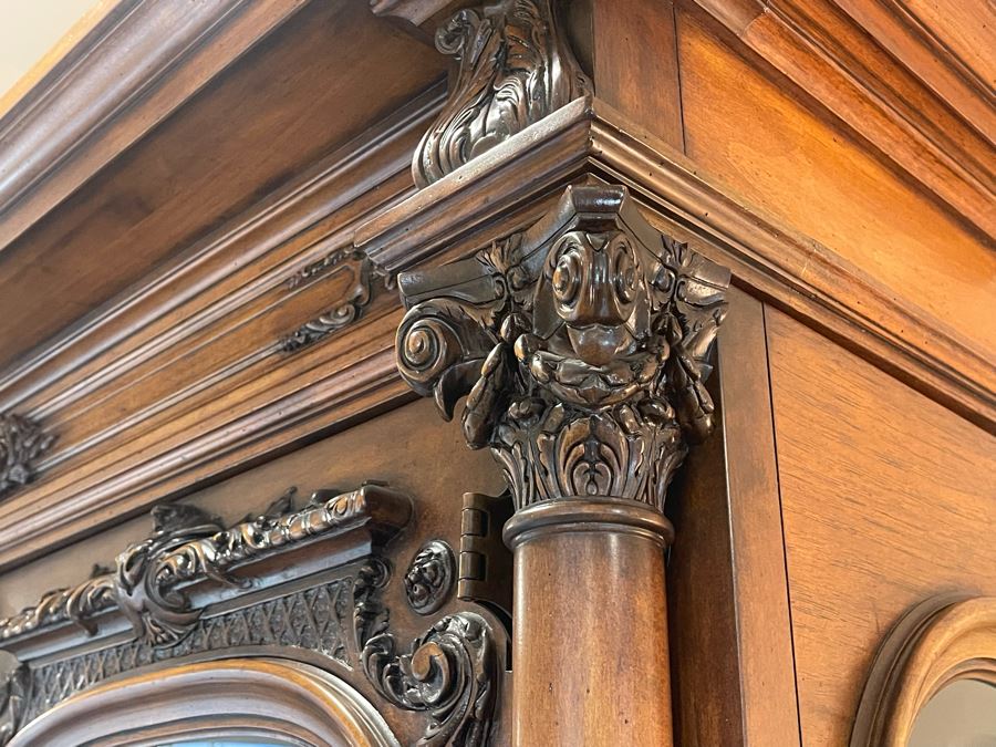 Exquisite Tall Carved Wooden Curio Display Cabinet With Overhead Lighting And Glass Front And Sides 5'4'W X 22'D X 8'8'H [Photo 3]