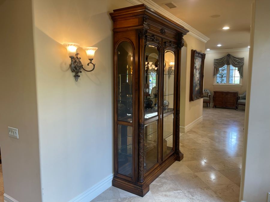 Exquisite Tall Carved Wooden Curio Display Cabinet With Overhead Lighting And Glass Front And Sides 5'4'W X 22'D X 8'8'H [Photo 6]