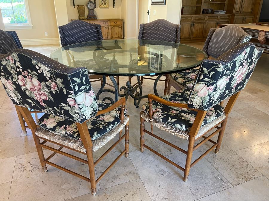 Wrought Iron 5' Round Dining Table With Glass Top And Six Rush Seat Dining Chairs 1' Thick Glass X 31'H
