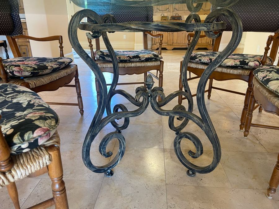 Wrought Iron 5' Round Dining Table With Glass Top And Six Rush Seat Dining Chairs 1' Thick Glass X 31'H [Photo 10]