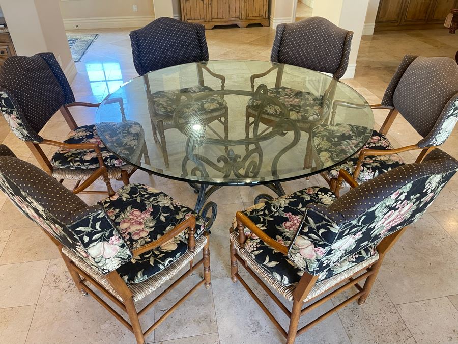 Wrought Iron 5' Round Dining Table With Glass Top And Six Rush Seat Dining Chairs 1' Thick Glass X 31'H [Photo 8]