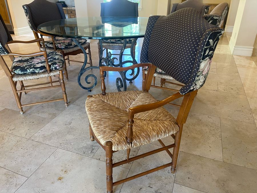 Wrought Iron 5' Round Dining Table With Glass Top And Six Rush Seat Dining Chairs 1' Thick Glass X 31'H [Photo 12]