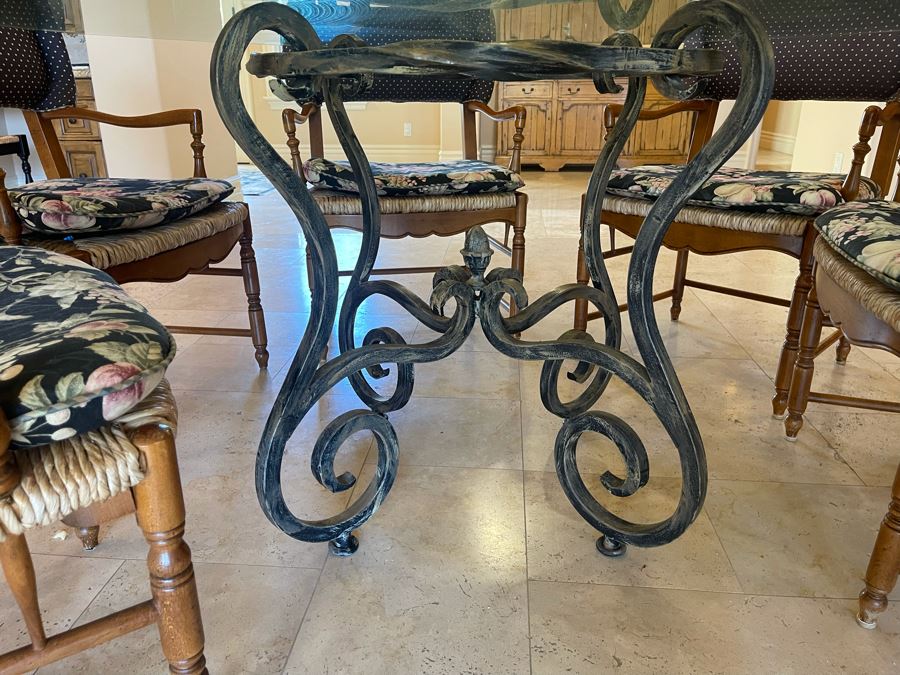 Wrought Iron 5' Round Dining Table With Glass Top And Six Rush Seat Dining Chairs 1' Thick Glass X 31'H [Photo 9]