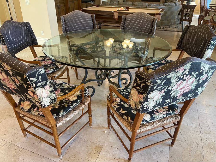 Wrought Iron 5' Round Dining Table With Glass Top And Six Rush Seat Dining Chairs 1' Thick Glass X 31'H [Photo 5]